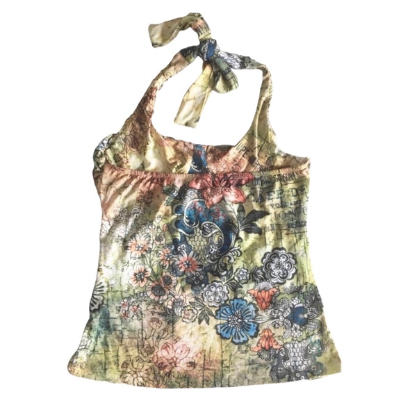 new Boho Chic ❤︎ Romantic Artsy Floral Print Draped Halter Top ❤︎ Pin Up Chic L - Picture 12 of 16